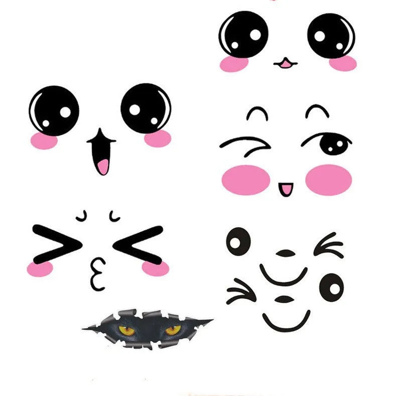 Pair of reflective cartoon eye car stickers with strong adhesion backing for mirror decoration.