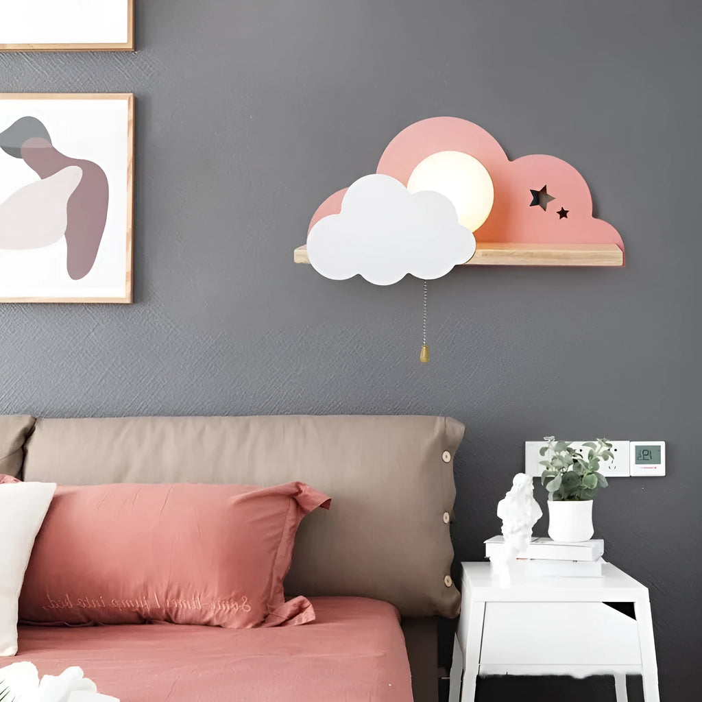 Cloud-shaped decorative wall lamp with glass lampshade in white, grey, or pink finish