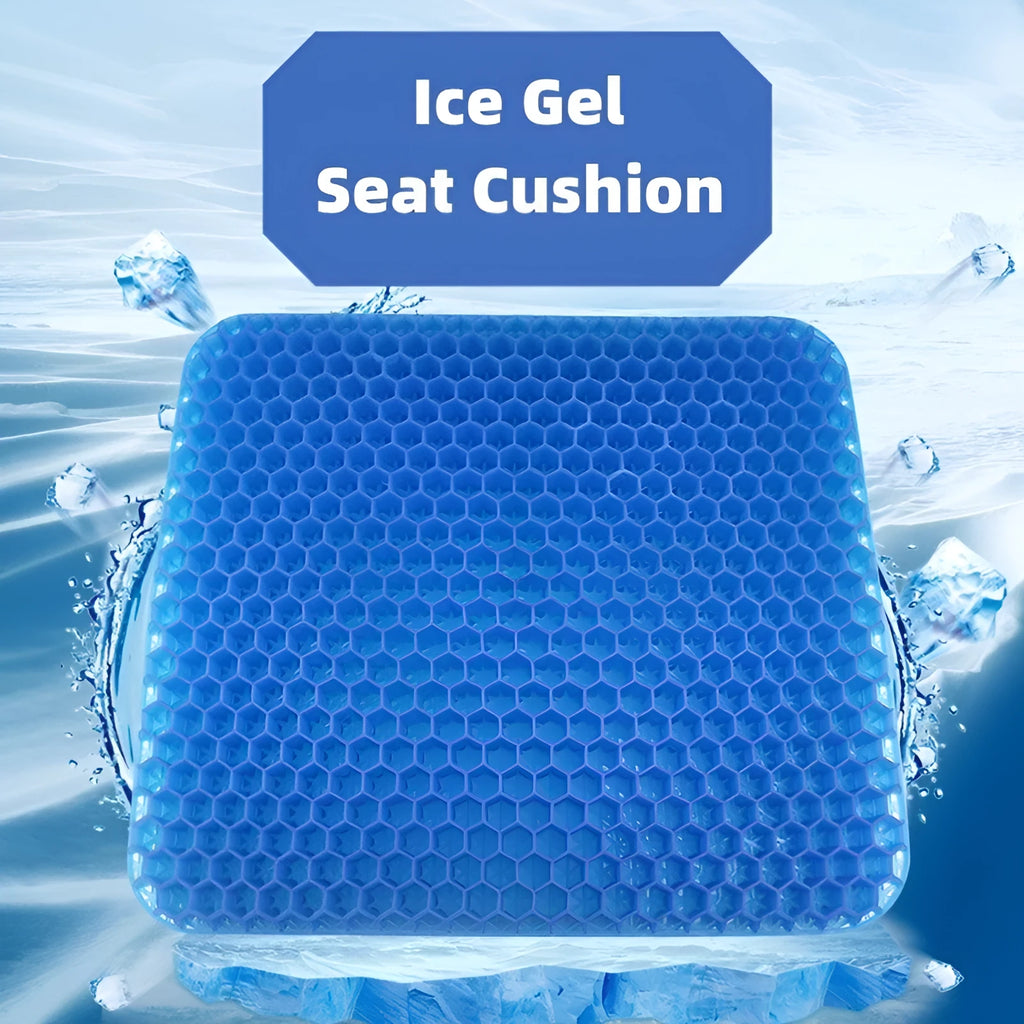 A solid-colour gel seat cushion with a honeycomb pattern, shown with its removable PVC cover.