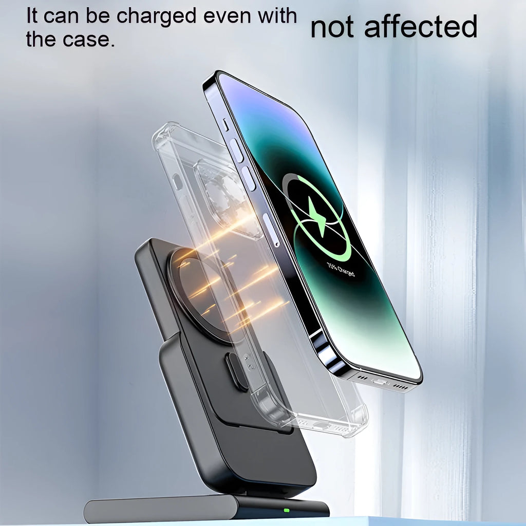 Three-in-one magnetic power bank with folding bracket charging iPhone 12-14 Apple Watch and AirPods wirelessly