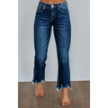 Women's solid colour denim pants with hand-worn distressing in dark blue and light blue.