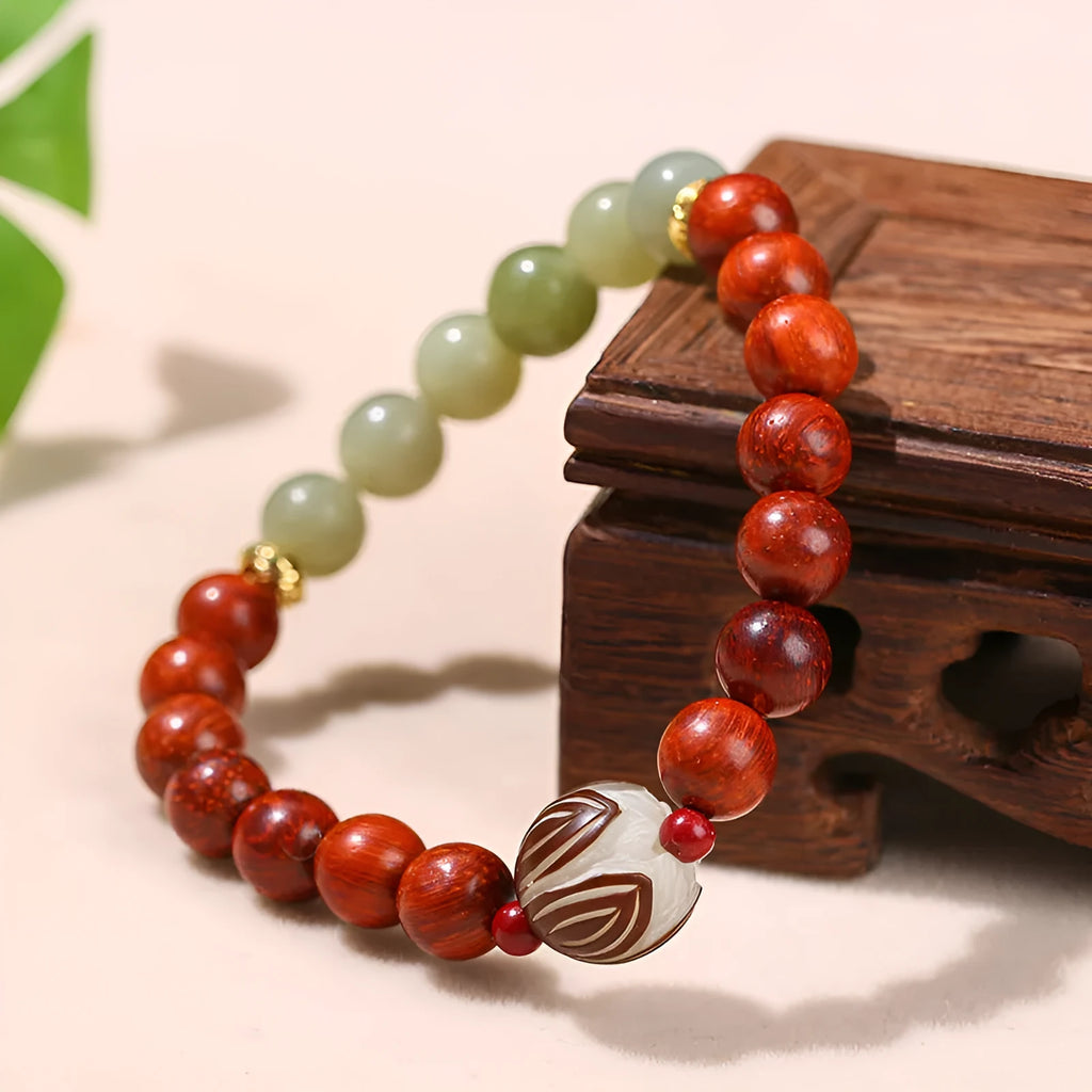 Red rosewood and grey jade Bodhi lotus bracelet with 8mm beads and 12mm charm.