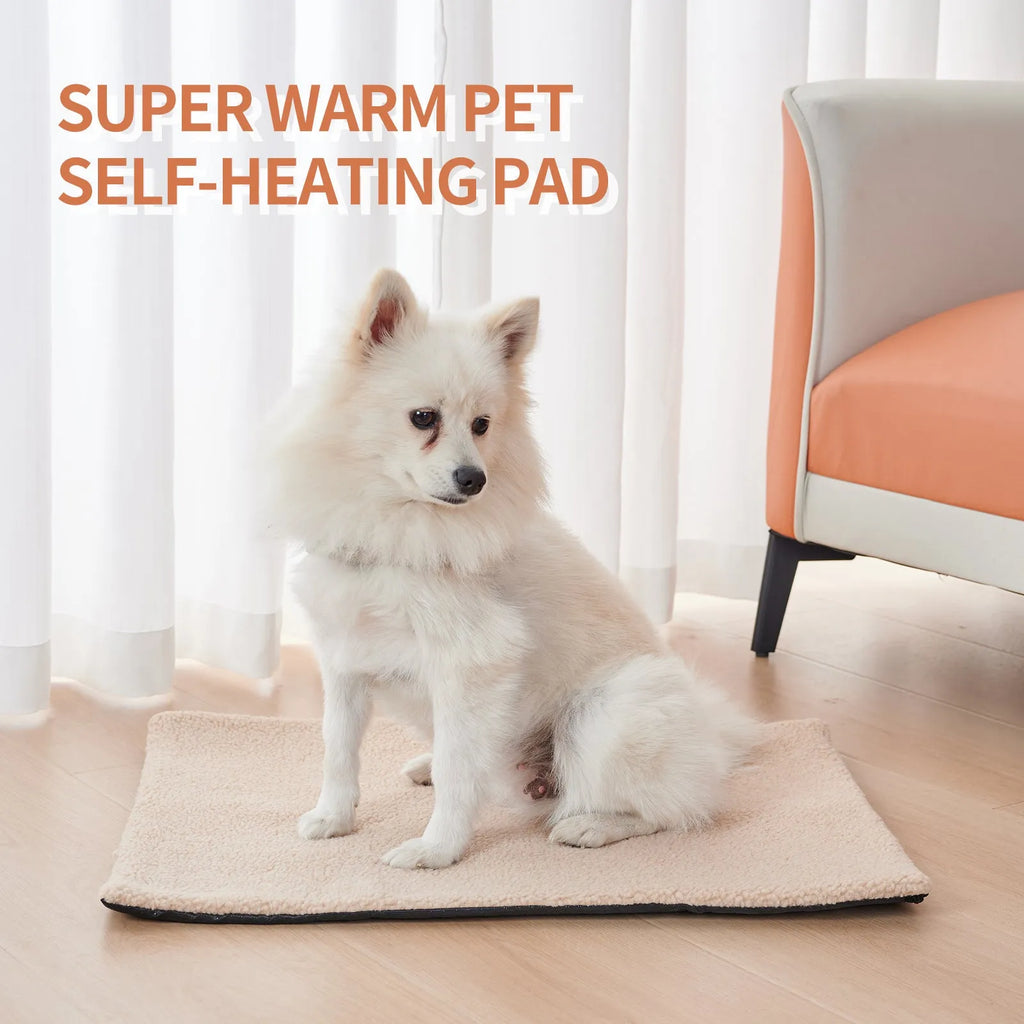 Self heating pet pad for cats in plush material showing size options and colour variations