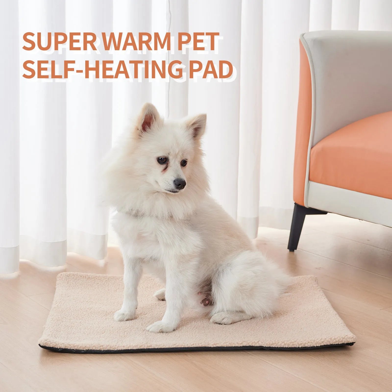 Self heating pet pad for cats in plush material showing size options and colour variations