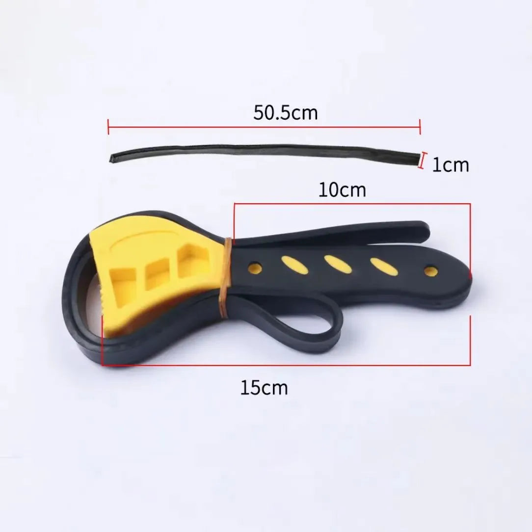 Adjustable strap wrench set with 6-inch and 8-inch rubber bands and a phosphated steel handle on a workbench.
