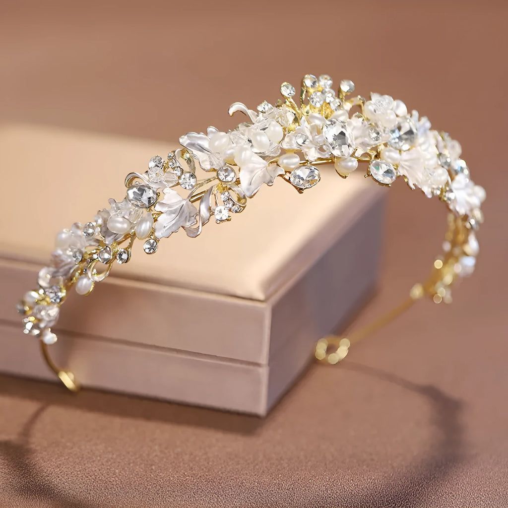 Gold or silver electroplated alloy pearl crown headdress for women's formal hair accessories