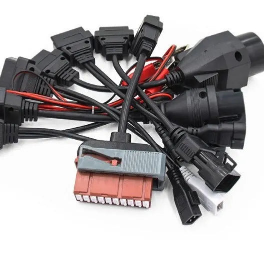 Eight TCS diagnostic car cables including PSA, Audi, BENZ, BMW, Opel, Fiat connectors and power cable on white background