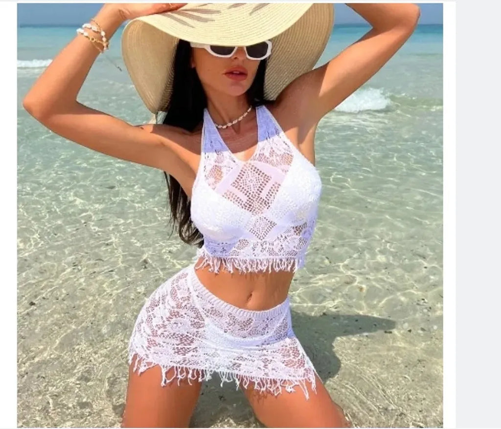 Women's white lace bikini two-piece swimsuit with black tassel skirt beach cover-up