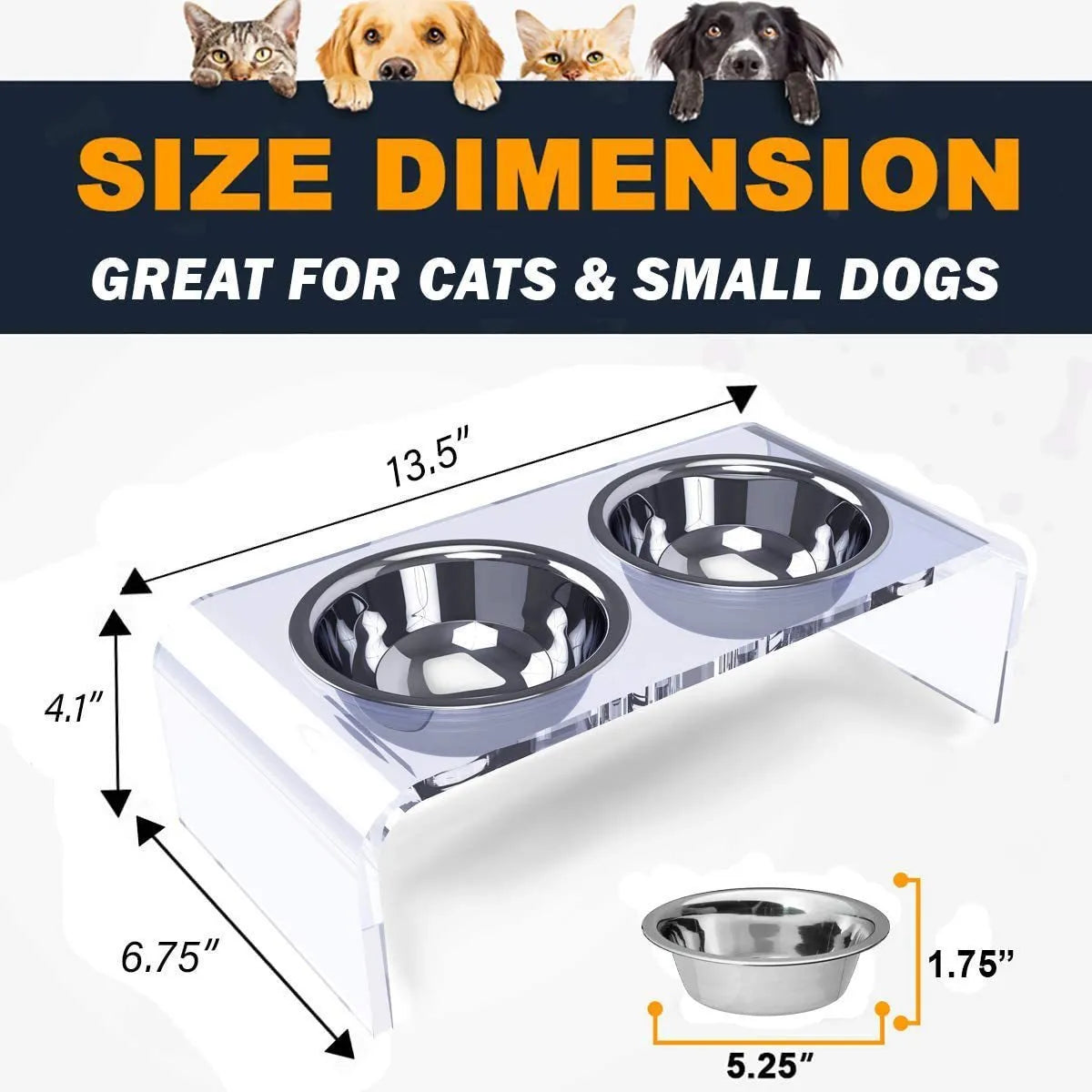 Transparent acrylic pet feeding rack for small cats and dogs with raised bowl platform, 39.5x18x10cm size