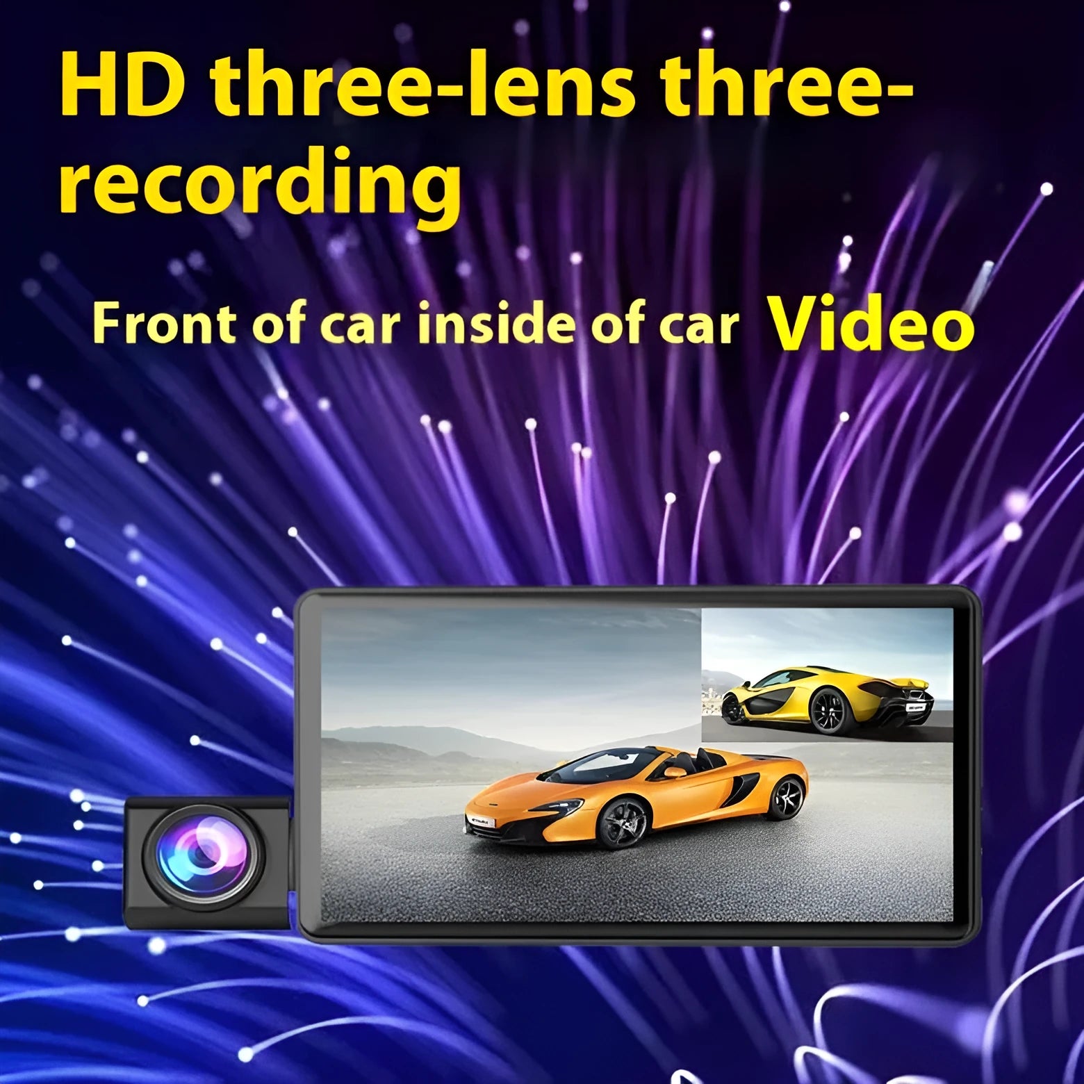 Black three lens dashboard camera with 4 inch touch screen for front and rear vehicle recording