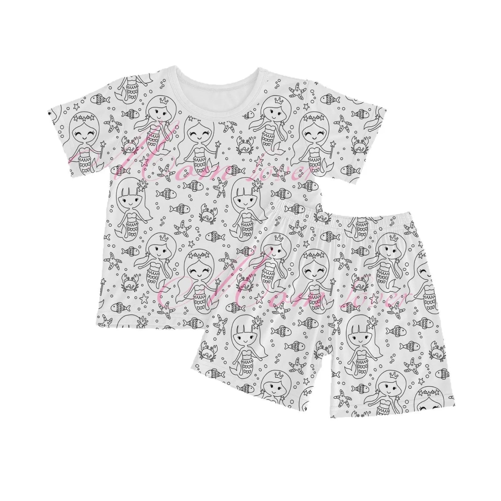 children's cotton ammonia DIY graffiti pajama set with pullover top and shorts in cartoon pattern