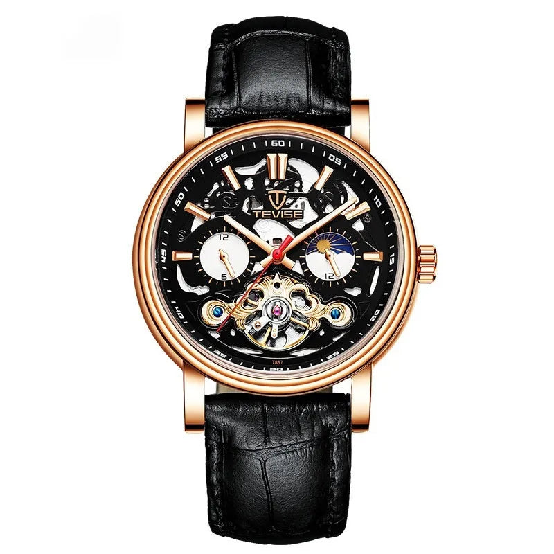 Men's tourbillon mechanical watch with skeleton dial and luminous markers on stainless steel bracelet