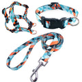 Printed polyester dog walking set with collar, adjustable chest strap and rope leash in multiple colour patterns