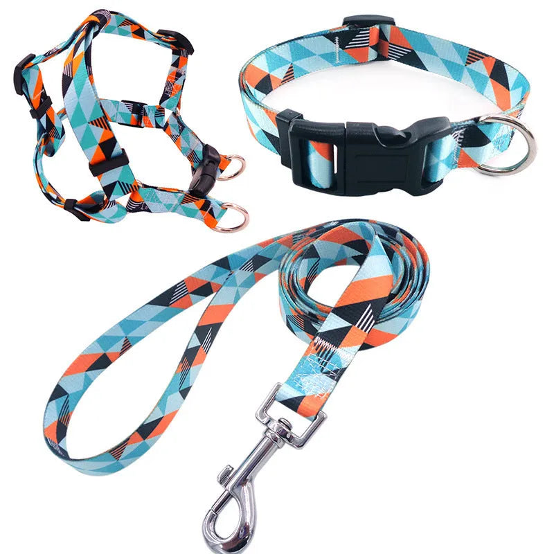 Printed polyester dog walking set with collar, adjustable chest strap and rope leash in multiple colour patterns