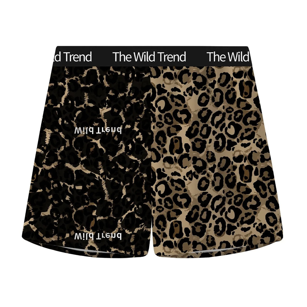 Leopard print men's casual woven shorts on a mid-waist, showing the quick-dry ice silk fabric texture.