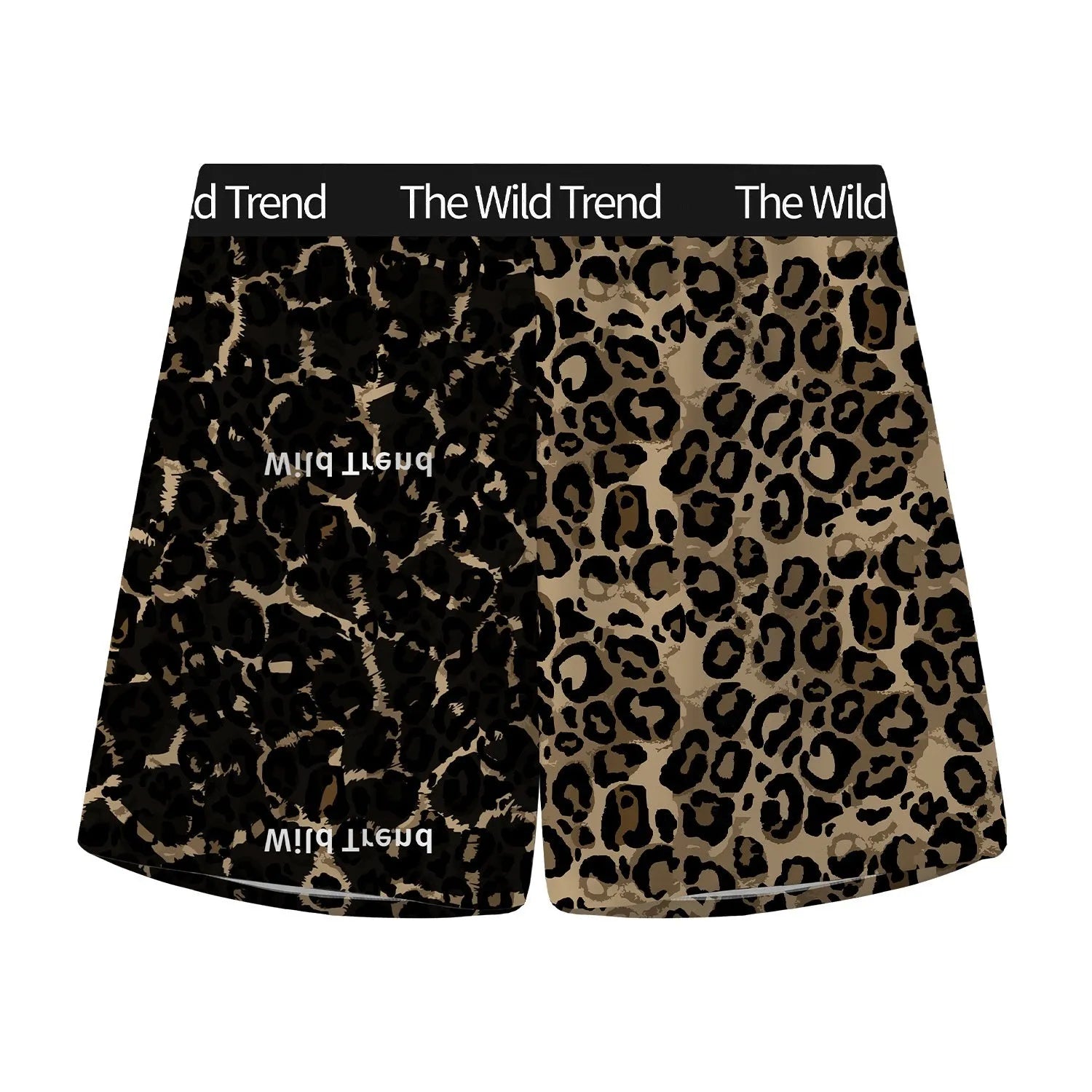 Leopard print men's casual woven shorts on a mid-waist, showing the quick-dry ice silk fabric texture.
