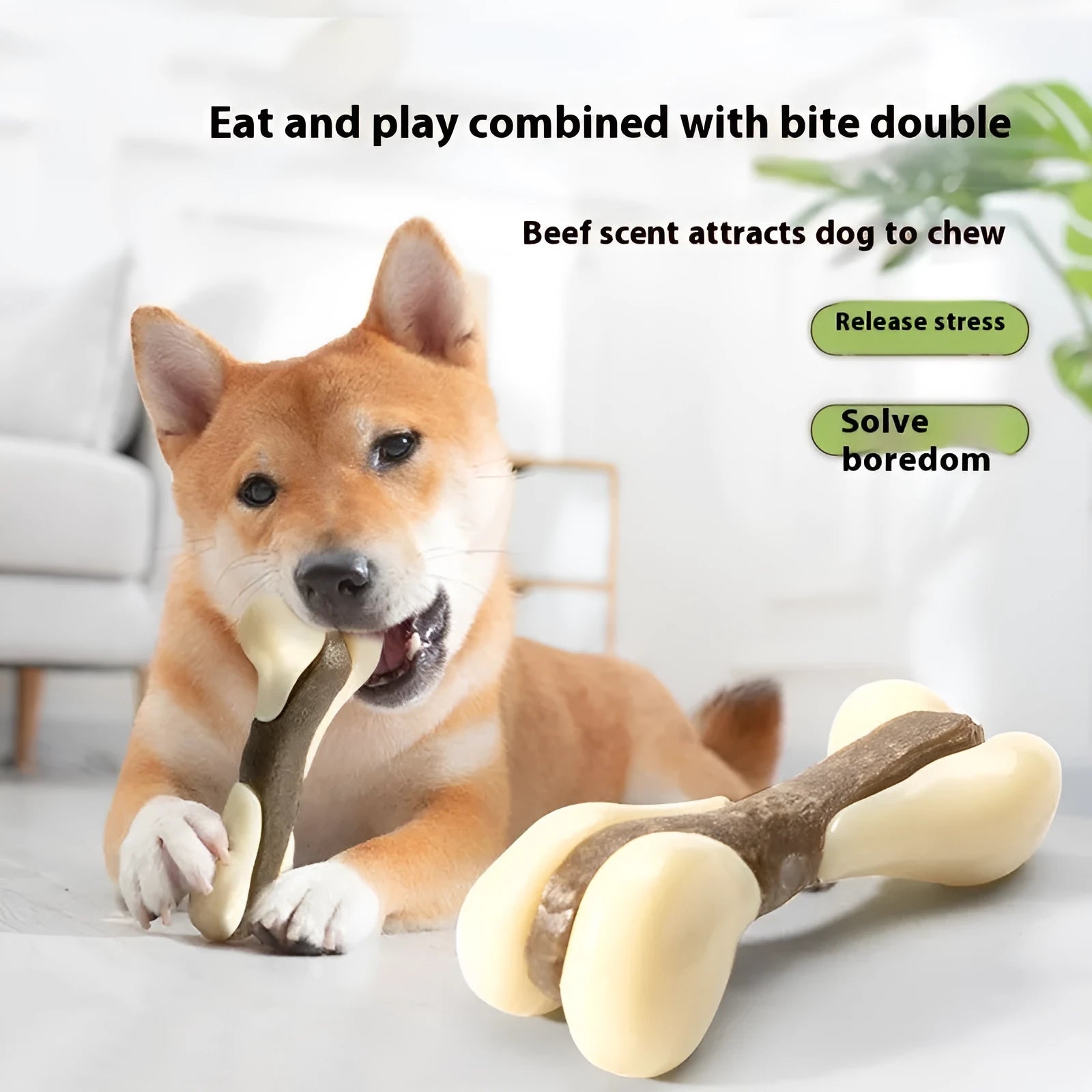 Dog chew toy grinding rod in foodie bones pattern with cowhide and nylon construction