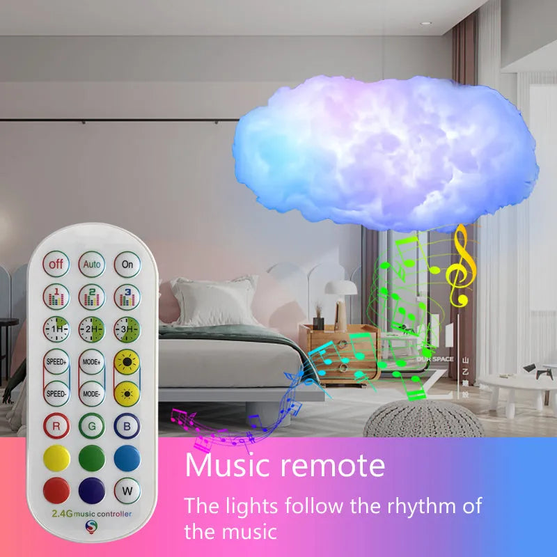 White fabric cloud pendant lamp with multi-colour RGBIC LED lighting and a USB cable.