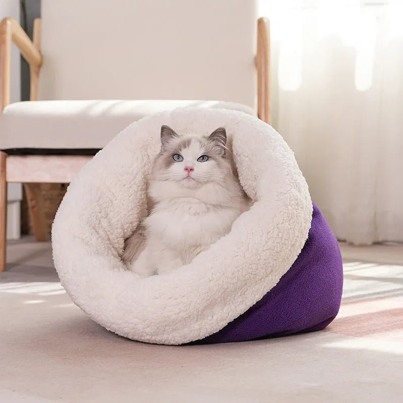 Semi-enclosed cloth cat nest for winter, available in small or large sizes and blue or gray colours