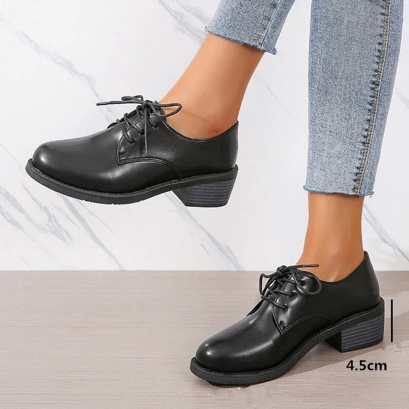Black women's professional work shoes with thick heel and soft sole, low-top design