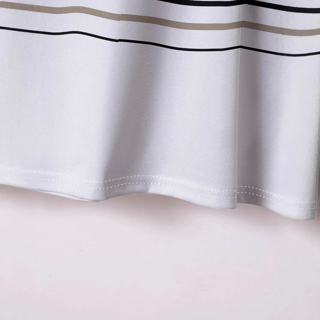 Men's white striped short sleeve T-shirt on hanger showing business casual style
