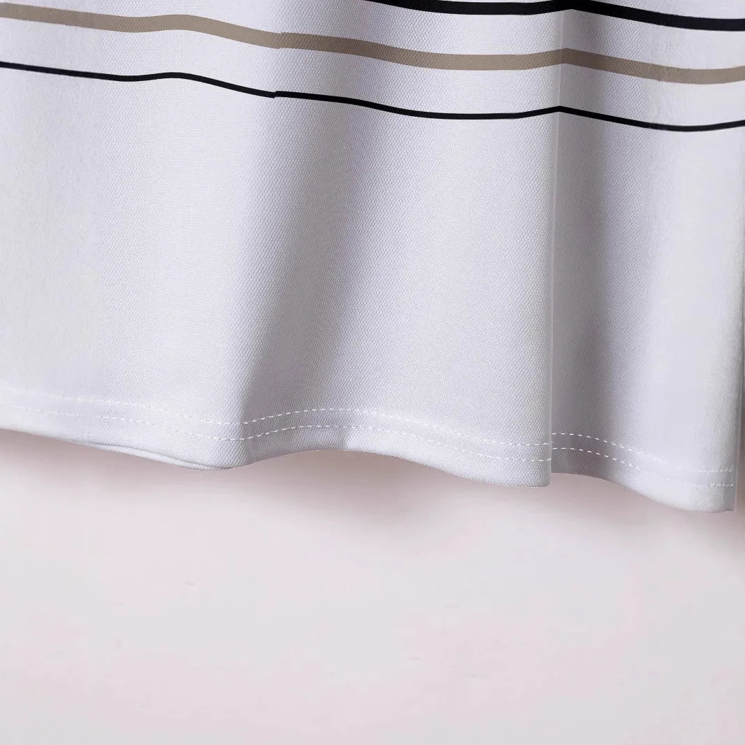 Men's white striped short sleeve T-shirt on hanger showing business casual style