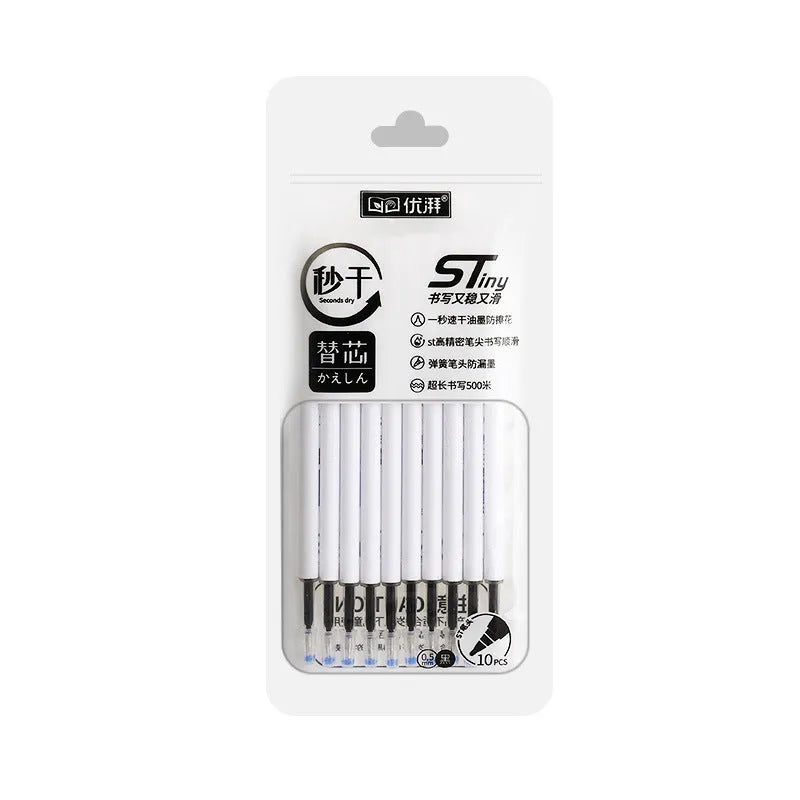 A pack of 10 quick-drying pen refills in black, red, blue, and ink blue colours.