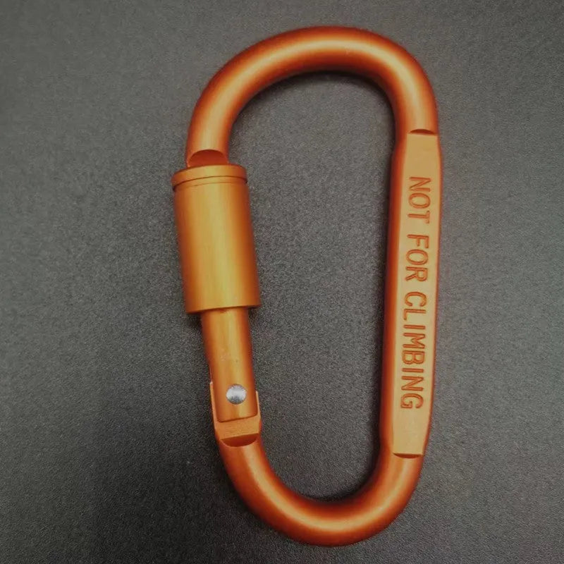 D-type aluminium locking carabiner in a selection of ten colours on a grey background.
