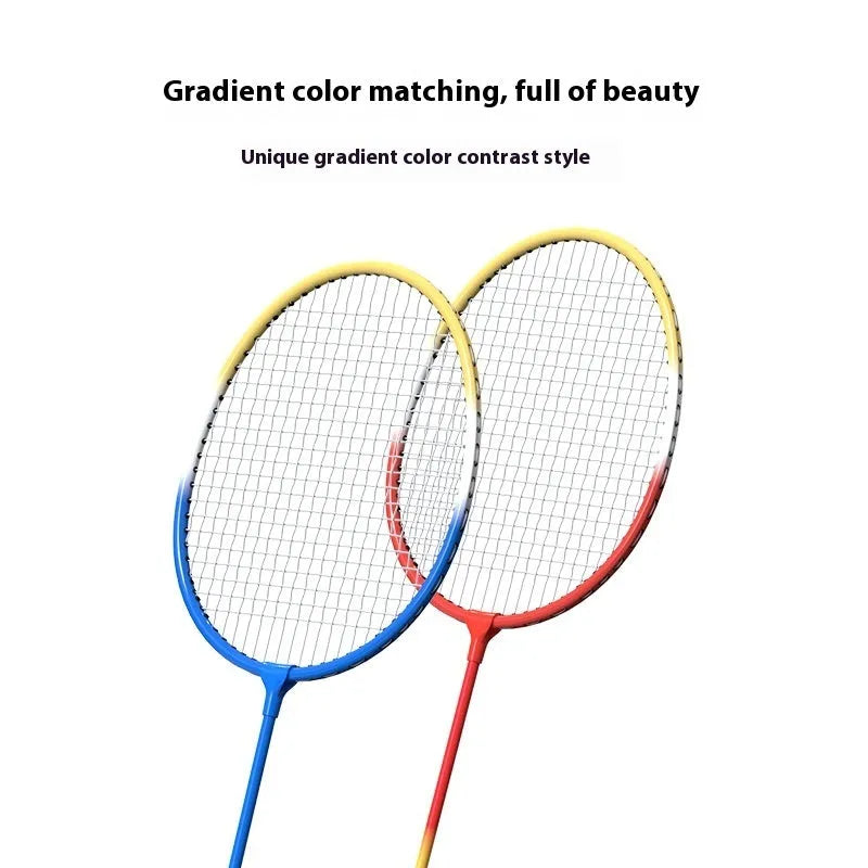 Pair of blue and red split-design alloy badminton rackets with a protective carry case.