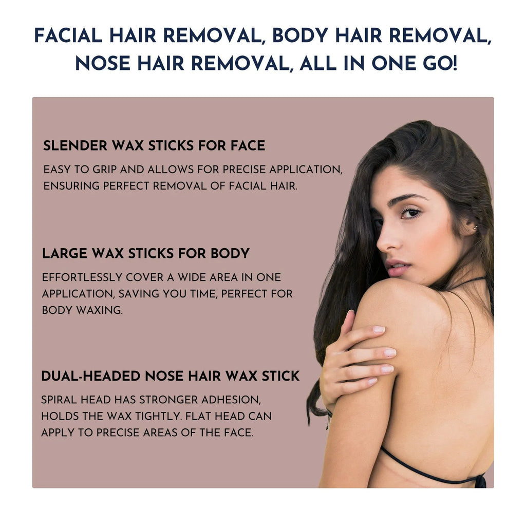Professional waxing kit with warmer, five jars of hard wax beans, applicator sticks, and aftercare products.