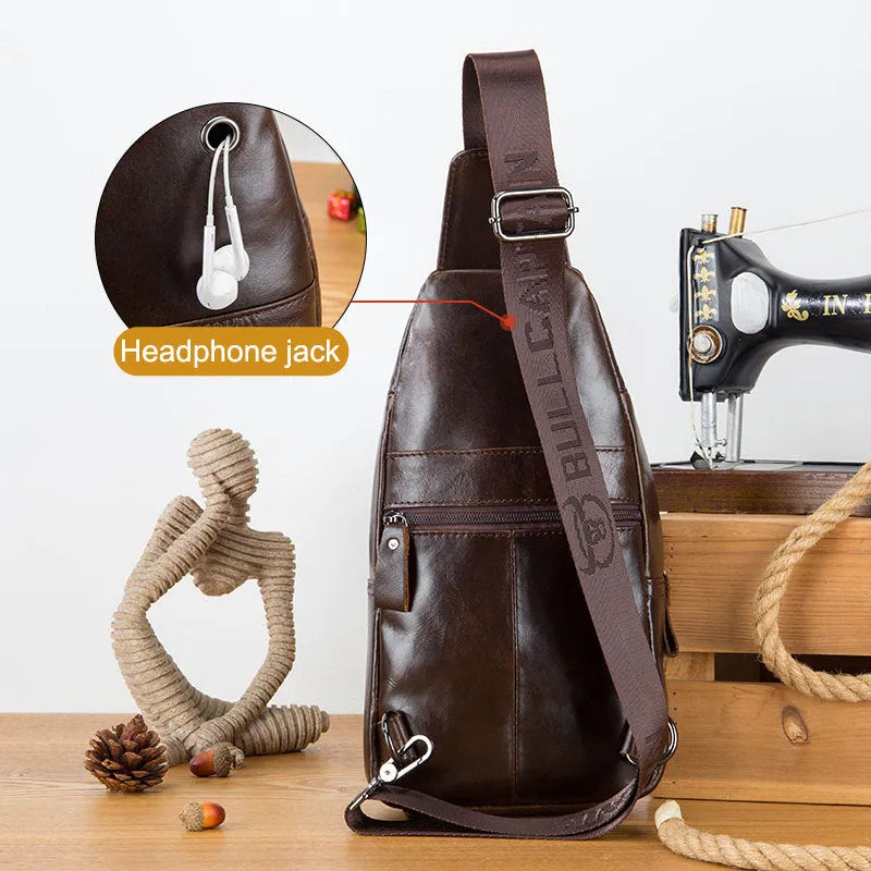 Genuine leather men's messenger bag in a vertical square shape with magnetic buckle and first layer cowhide texture in brown