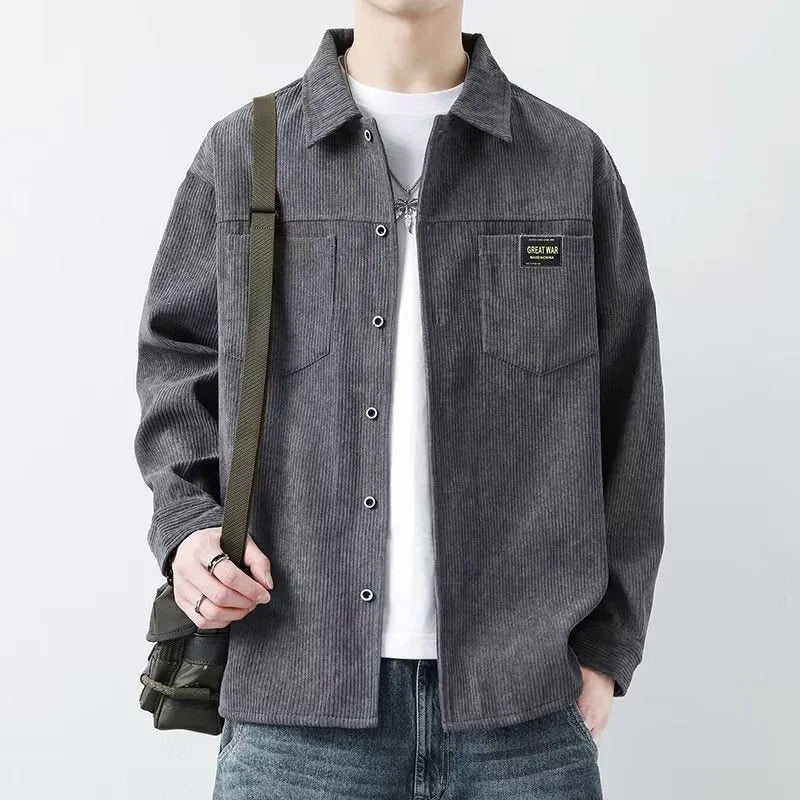 Men's corduroy casual jacket in cardigan style with long sleeves showing textured fabric