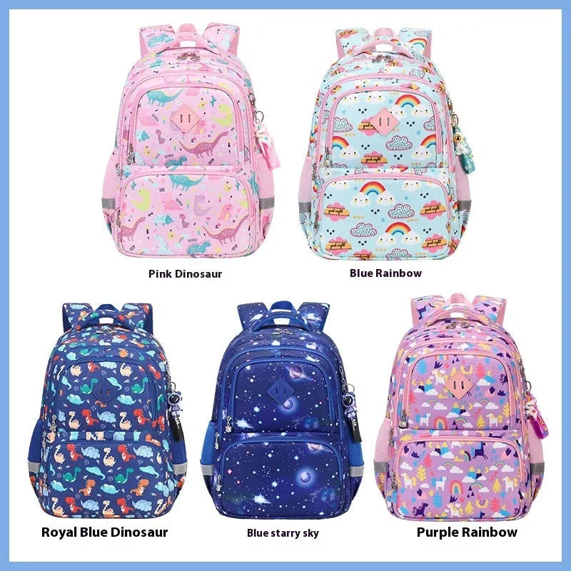 Children's waterproof school backpack with dinosaur pattern and curved shoulder straps