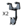 Black rearview mirror car phone holder showing 360° rotation and telescopic arm extended.