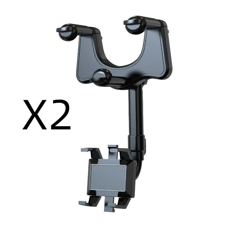 Black rearview mirror car phone holder showing 360° rotation and telescopic arm extended.