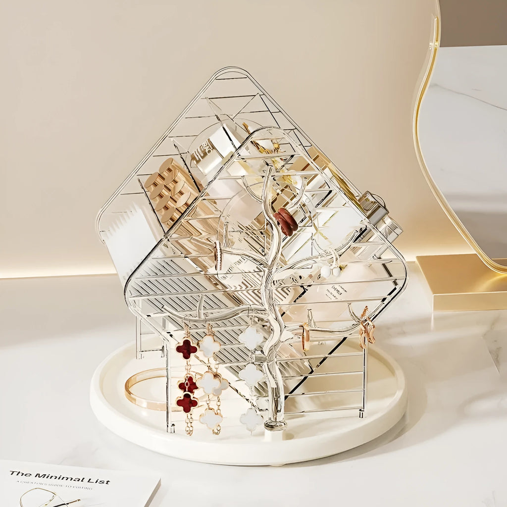 Clear and amber gold rotating plastic cosmetics storage box on a flat surface