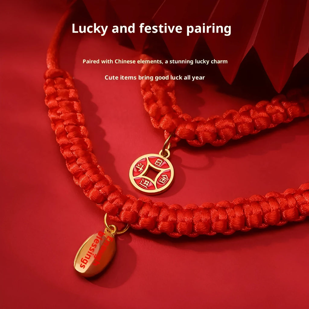 Hand-woven red rope pet collar with alloy charm, adjustable 15-40cm, solid colour design