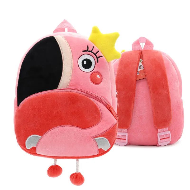 Children's plush animal backpack measuring 26x24x10cm with zipper opening and interior pocket