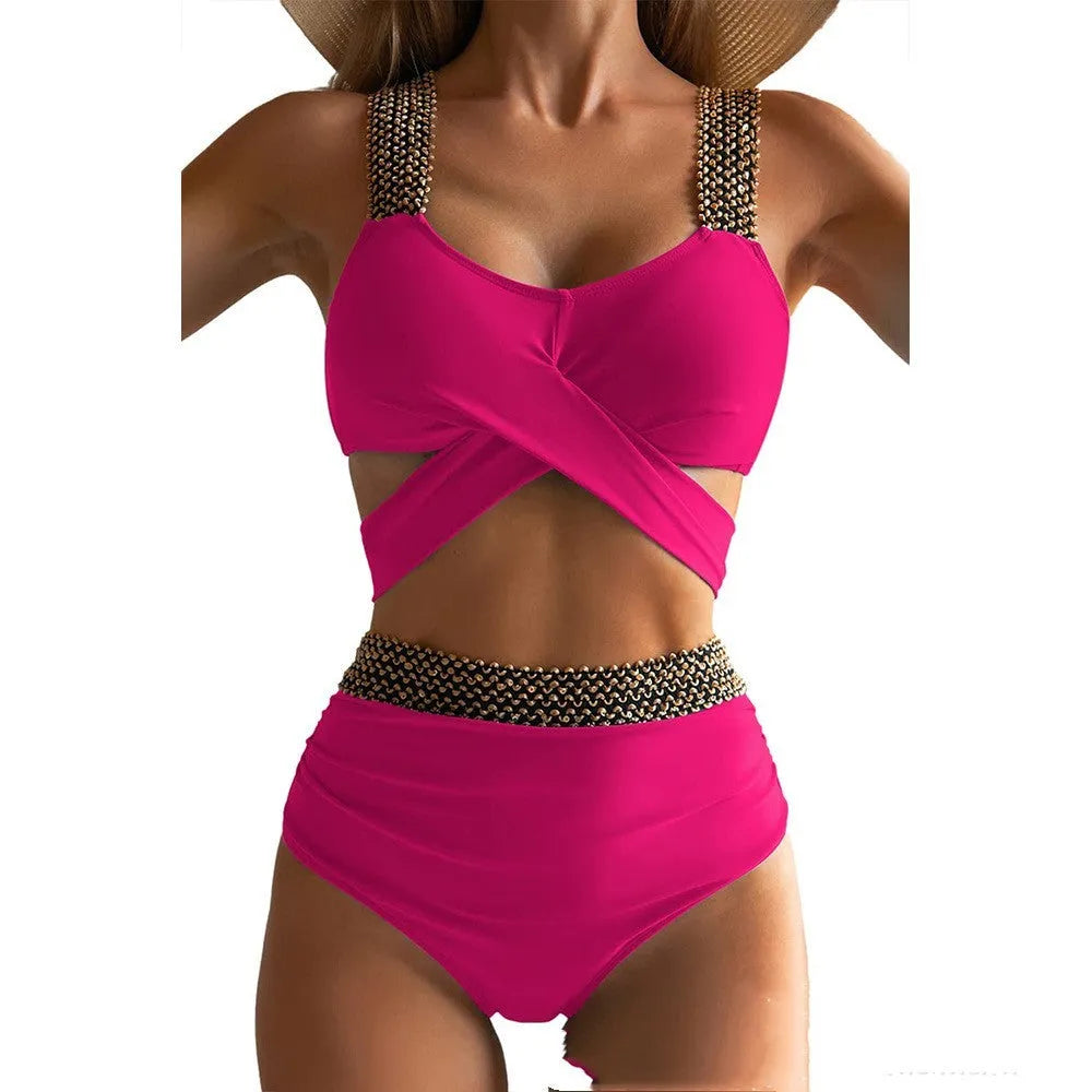 Women's split bikini set in polyester with black colour option, front view