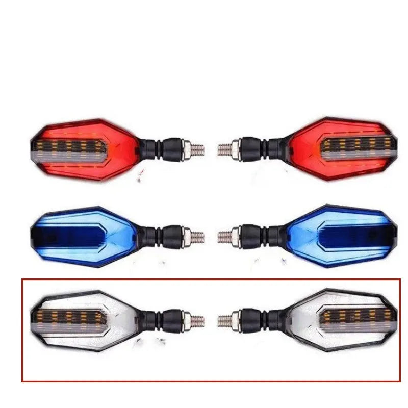 Pair of motorcycle indicator lights with coloured light guides on a black ABS acrylic housing.