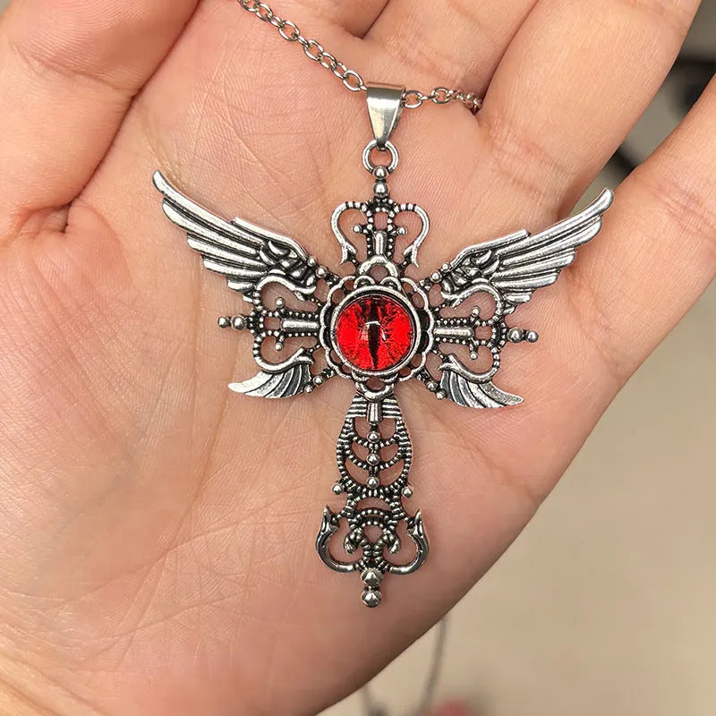 Geometric devil wings and cross alloy pendant necklace on a chain in blue, green, purple, red, yellow.