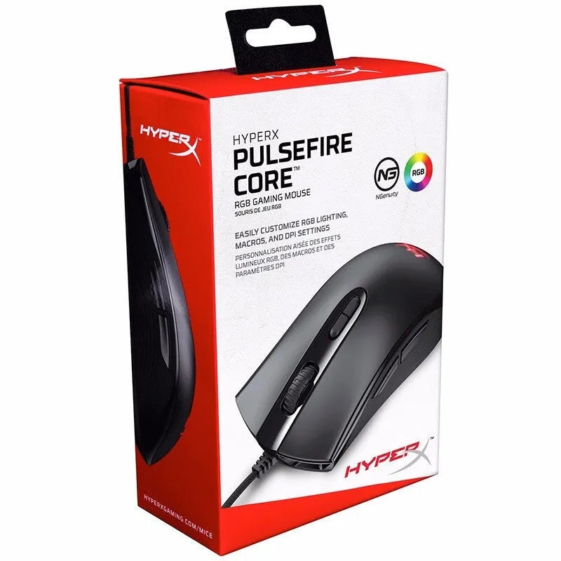 HyperX Pulsefire Core RGB wired gaming mouse in black or pink colour with USB cable