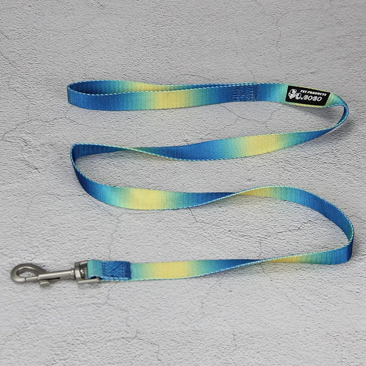 Gradient colour dog leash set showing nylon collar, harness, and matching lead in pink and yellow combination