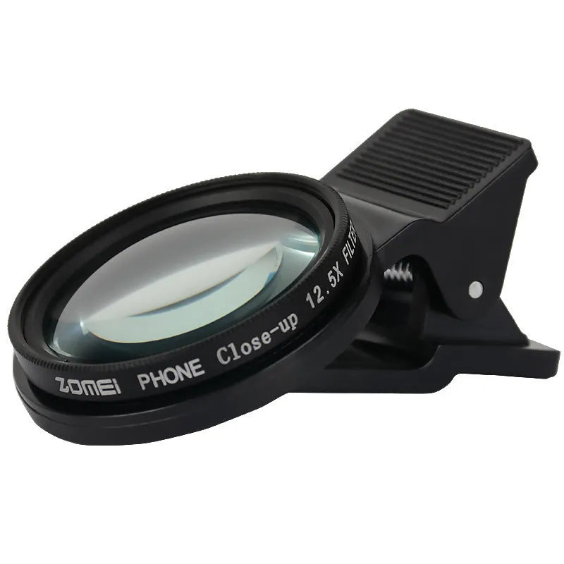 Smartphone macro lens with aluminium frame and universal clip for close-up photography