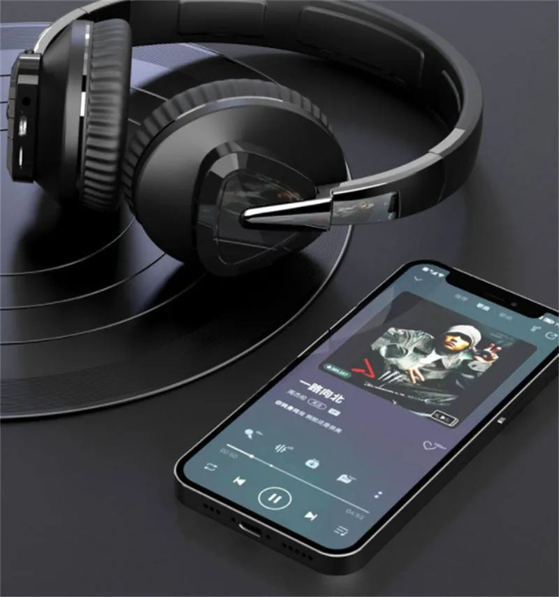Black wireless over-ear Bluetooth headset with all-inclusive ear cups, showing AUX port and control buttons.