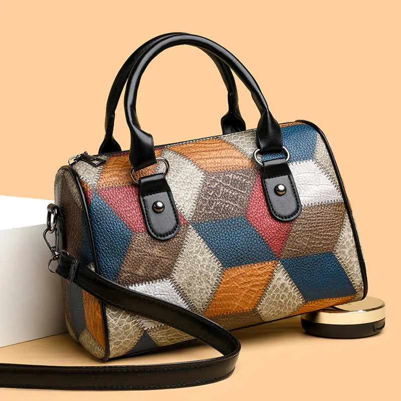 Fashion colour contrast plaid geometric pattern commuter crossbody bag in black PU material cylinder shape with rhombus element