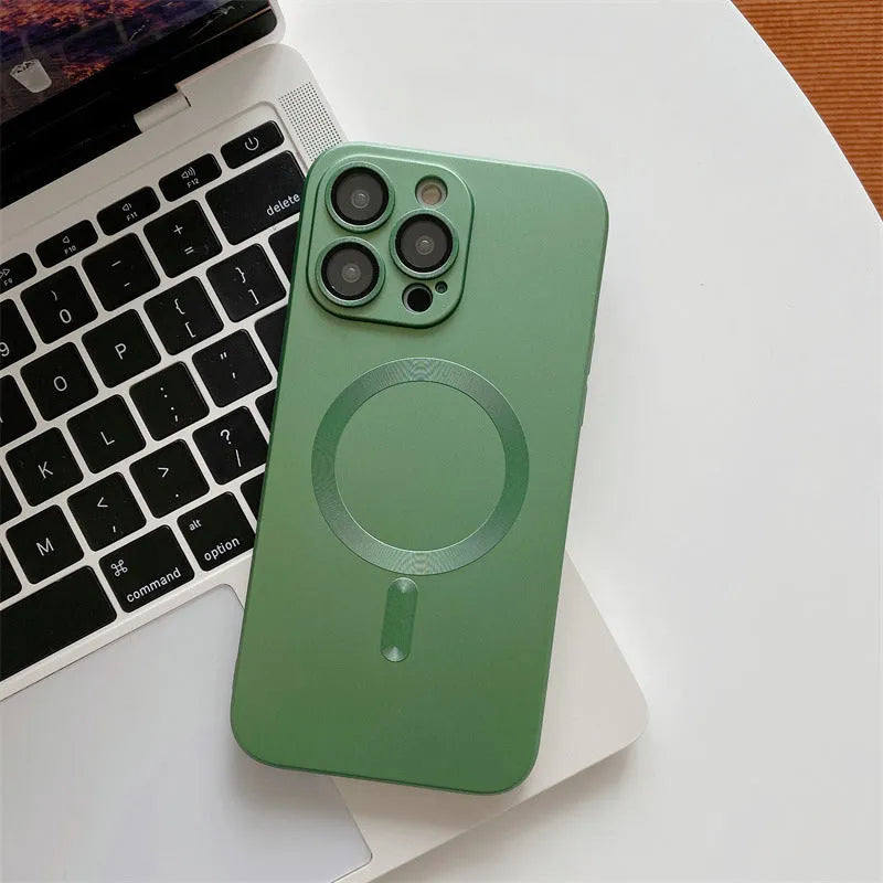 Aluminium alloy frame iPhone case with magnetic back and glass camera lens cover in dark purple colour