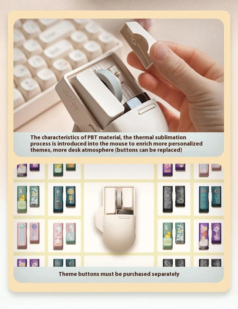 Xiaoqiao wireless mouse in tofu colour showing seven-button layout and Type-C charging port.