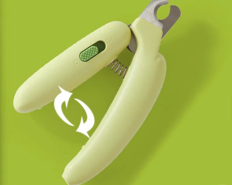 Banana-shaped pet nail clippers in green with metal blades for dog and cat grooming