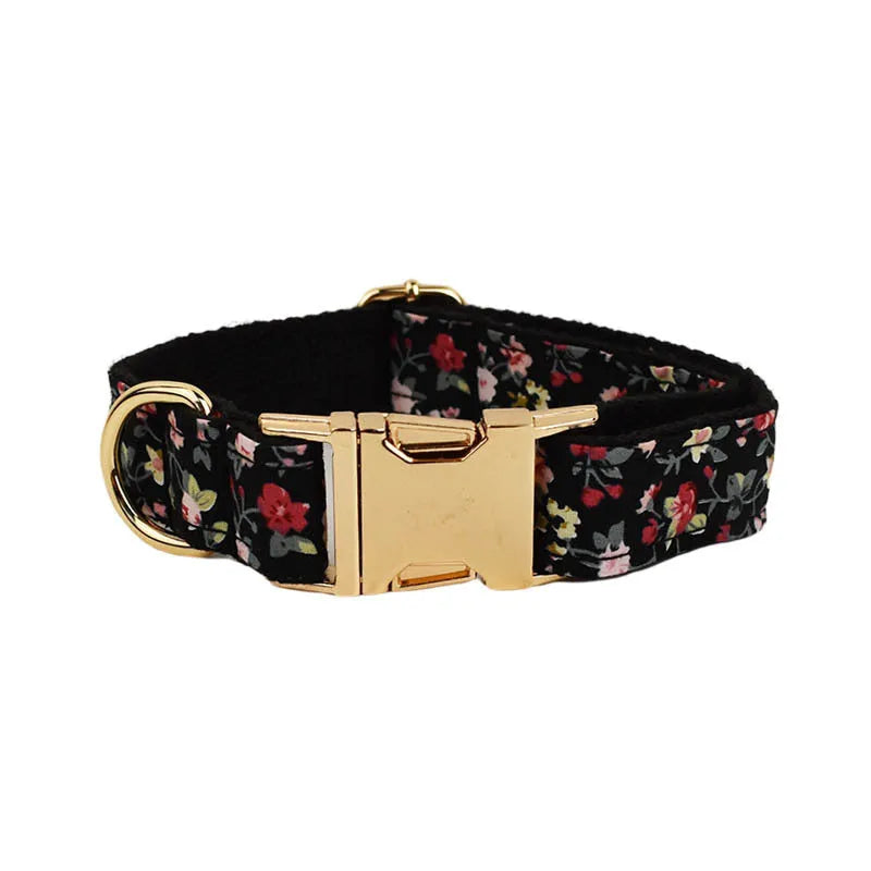 Printed pet collar and leash set with matching dog vest and removable bow accessory